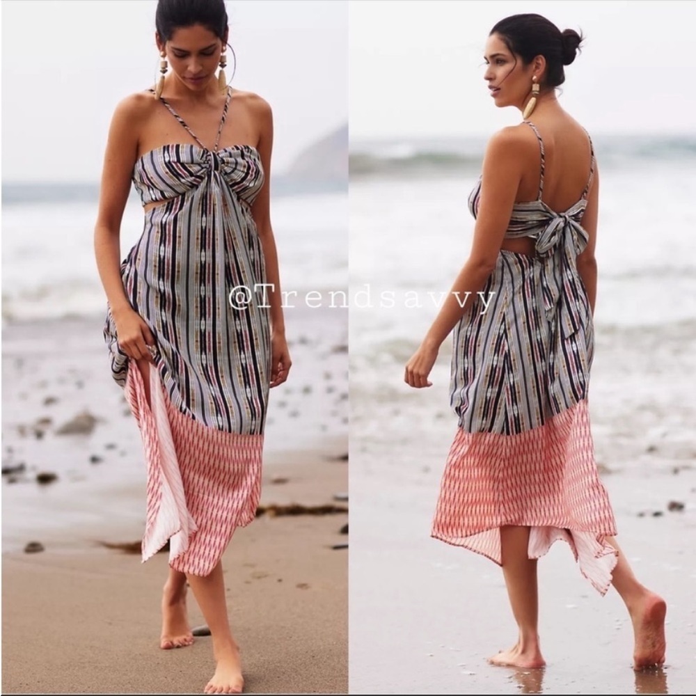 Anthropologie Black Pink Striped Cutout Tie Back Maxi Cover Up Dress XL - Picture 1 of 9